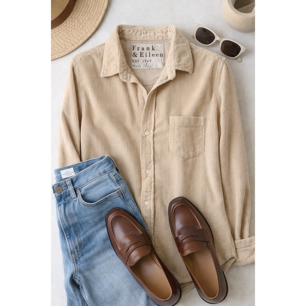 Frank & Eileen Women Shirt L Barry Beige Italian Corduroy Button Down‎ - Picture 3 of 10